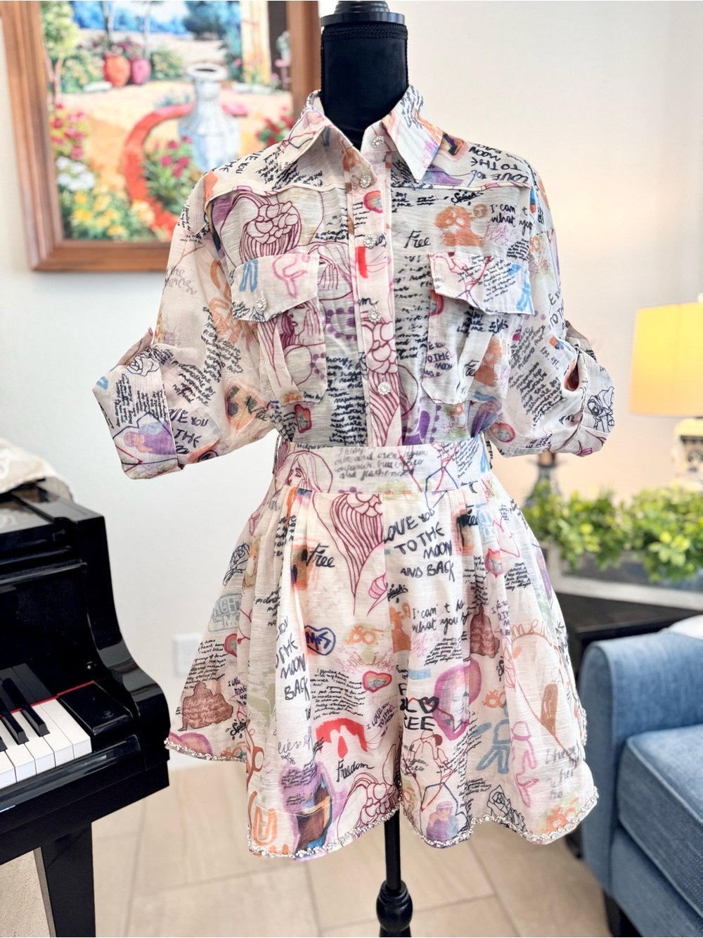 Printed Short Sleeve Shirt Set Pastel